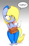  anthro big_breasts blonde_hair bluebreed breasts clothed clothing derpy_hooves_(mlp) dialogue english_text equine female friendship_is_magic fur grey_fur hair mammal my_little_pony nipples pegasus pose smile solo text tongue tongue_out topless uniform voluptuous wide_hips wings yellow_eyes 