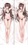  1girl arm_up armpits arms_behind_head arms_up bangs bare_arms bare_legs bare_shoulders barefoot bed_sheet bikini black_bikini black_bikini_bottom black_ribbon blush breasts breasts_apart brown_hair closed_mouth collarbone commentary_request dakimakura eyebrows_visible_through_hair front-tie_bikini front-tie_top girls_frontline groin hair_between_eyes hair_ribbon hair_spread_out highres jpeg_artifacts long_hair lying navel on_back one_side_up ribbon scar scar_across_eye side-tie_bikini sidelocks small_breasts smile stomach swimsuit thighs topless ump45_(girls_frontline) v-shaped_eyebrows yellow_eyes zui_ai_shuang_mawei 