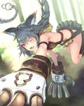  ;3 ;d animal_ears arm_belt armor bangs blurry boots braid claw_(weapon) depth_of_field erune eyelashes fang granblue_fantasy grey_hair hair_between_eyes long_hair looking_at_viewer miniskirt one_eye_closed open_mouth pleated_skirt pouncing red_eyes ryuinu sen_(granblue_fantasy) single_braid skirt smile solo very_long_hair weapon 
