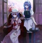  absurdres apron ascot bad_id bad_pixiv_id bat_wings black_legwear blue_eyes blue_hair braid cup curtains fang hat hat_ribbon highres indoors izayoi_sakuya lavender_hair looking_at_viewer maid_headdress mob_cap multiple_girls nail_polish open_window puffy_sleeves red_eyes remilia_scarlet ribbon sash scroll_lock_(scrool5) shirt short_sleeves signature sitting skirt skirt_set smile sparkle teacup teapot throne touhou twin_braids vest waist_apron window wings wrist_cuffs 