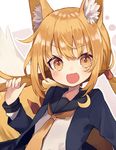  animal_ear_fluff animal_ears blonde_hair crescent crescent_moon_pin fox_ears fox_tail kantai_collection long_hair long_sleeves looking_at_viewer neckerchief necktie open_mouth remodel_(kantai_collection) satsuki_(kantai_collection) school_uniform serafuku shugao sidelocks solo tail twintails upper_body yellow_eyes yellow_neckwear 