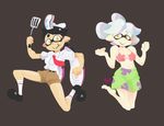  2girls 3d_rod! alternate_hairstyle aori_(splatoon) artist_name bikini black_hair cosplay domino_mask hat hotaru_(splatoon) mask multiple_girls necktie patrick_star patrick_star_(cosplay) pointy_ears ponytail red_neckwear short_sleeves shorts smile socks spatula splatoon_(series) splatoon_1 spongebob_squarepants spongebob_squarepants_(character) spongebob_squarepants_(character)_(cosplay) swimsuit tan tentacle_hair white_hair yellow_eyes 