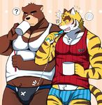  2016 abs anthro bear bearlovestiger13 biceps boxer_briefs bulge clothed clothing cup duo feline fur hi_res juuichi_mikazuki male male/male mammal morenatsu muscular nipples pecs shirt tank_top tiger toothbrush topless torahiko_(morenatsu) underwear 