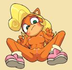  aliasing anthro bandicoot blonde_hair blush breasts butt clothing coco_bandicoot crash_bandicoot_(series) female filthypally flustered footwear front_view frown full-length_portrait green_eyes hair mammal marsupial mostly_nude navel nipples pink_nipples pink_pussy portrait pussy reclining shoes shy simple_background solo spread_legs spreading tan_background video_games 