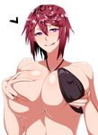  :q absurdres bikini black_bikini breast_hold breasts bright_pupils camui_kamui covered_nipples deep_skin halter_top halterneck heart highres huge_breasts o-ring o-ring_top original red_eyes red_hair shiny shiny_hair short_hair simple_background smile solo swimsuit tongue tongue_out tsurime upper_body white_background white_pupils 