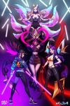  4girls ahri akali animal_ears blonde_hair bracelet braid choker claws closed_mouth collar double_bun dragon earrings evelynn facial_mark fox_ears fox_tail fur_trim glasses glowing hair_bun hat heart highres holding jewelry k/da_(league_of_legends) k/da_akali k/da_evelynn k/da_kai&#039;sa kai&#039;sa league_of_legends lipstick long_hair looking_at_viewer looking_back makeup manda_schank medium_hair multiple_girls necklace pants pink_hair ponytail purple_hair red_lipstick shoes signature skirt smile sneakers sweater tail thighhighs tight tight_pants yellow_eyes 
