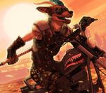  anthro armor biped canine city clothed clothing day digital_media_(artwork) eyewear facial_hair fighterjet fox gloves goatee goggles hair horn hybrid male mammal melee_weapon motorcycle open_mouth outside post-apocalyptic road rubble ruins sky smile solo sun sunset teeth tongue weapon 