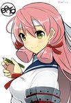  akashi_(kantai_collection) bad_id bad_pixiv_id bandana breasts edel_(edelcat) green_eyes hair_ribbon kantai_collection long_hair looking_at_viewer medium_breasts pencil pink_hair ribbon school_uniform serafuku smile solo tress_ribbon wooden_pencil 