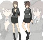  alternate_costume beret boots brown_hair can canned_coffee girls_und_panzer grey_hair harukon_(halcon) hat highres mika_(girls_und_panzer) military military_uniform multiple_girls necktie nishizumi_maho older one_eye_closed selection_university_military_uniform uniform 