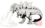  black_and_white claws dinosaur fire godzilla godzilla_(series) iguanodon jaws matt_frank monochrome radiation scales stegosaurus teeth theropod tyrannosaurus_rex 