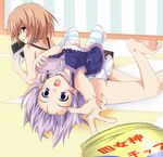  bad_id bad_pixiv_id bare_shoulders blanc blue_eyes brown_hair chips d-pad d-pad_hair_ornament food fujishima_tsubasa game_console hair_ornament handheld_game_console highres multiple_girls neptune_(choujigen_game_neptune) neptune_(series) nintendo_3ds open_mouth panties playing_games purple_eyes purple_hair short_hair striped striped_panties underwear video_game 