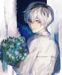  bouquet flower fuurin heterochromia kaneki_ken looking_back male_focus red_eyes sasaki_haise shirt sky smile solo star_(sky) starry_sky tokyo_ghoul tokyo_ghoul:re white_hair white_shirt 