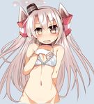  amatsukaze_(kantai_collection) arm_behind_back blue_background blush bottomless bow bow_bra bra embarrassed gloves groin highres kantai_collection long_hair looking_at_viewer no_panties open_mouth out-of-frame_censoring shirogane_(platinum) simple_background solo underwear underwear_only white_bra white_gloves white_hair yellow_eyes 