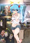  1girl ahoge air_conditioner animal_slippers bare_legs belly belly_grab bespectacled black-framed_eyewear blue_eyes blue_hair bottle breast_pinch breast_press breasts bunny_slippers cabinet calbee_(potato_chips) cellphone cigarette_box cigarette_butt covering covering_breasts cucumber curtains denim denim_shorts eating face_of_the_people_who_sank_all_their_money_into_the_fx faucet flanvia flcl food gari_gari-kun glasses haagen-dazs hair_bobbles hair_ornament haruhara_haruko highres indoors jewelry kawashiro_nitori kitchen looking_at_viewer magnet medium_breasts messy_room midriff mouth_hold nandaba_naota navel necklace no_hat no_headwear no_socks note open_fly panties phone pinching plump pocky polka_dot poster_(object) refrigerator refrigerator_magnet short_shorts shorts side-tie_panties sink sleeveless slippers smartphone smiley_face snack solo spring_onion standing standing_on_one_leg surprised sweat tank_top touhou towel towel_rack tupet two_side_up underwear window 