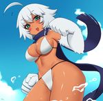  :d ahoge bikini blue_sky blush breasts cloud cowboy_shot dark_skin day fur highres kuroonehalf large_breasts looking_at_viewer monster_girl monster_girl_encyclopedia navel open_mouth paws scarf shiny shiny_skin short_hair signature sky smile solo swimsuit water_drop white_bikini white_hair yeti_(monster_girl_encyclopedia) 