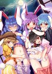  animal_ears ass assisted_exposure belt black_hair blazer blonde_hair bloomers bloomers_pull blue_dress blue_hair blush braid bunny_ears bunny_tail chima_q closed_eyes cloud commentary_request covering_mouth dress dress_lift floppy_ears full_moon groin hat highres inaba_tewi jacket long_hair long_sleeves midriff moon multiple_girls navel night open_mouth panties panties_under_bloomers panty_pull pink_dress puffy_short_sleeves puffy_sleeves purple_hair pussy_juice pussy_peek red_eyes reisen reisen_udongein_inaba ringo_(touhou) see-through seiran_(touhou) shirt short_hair short_sleeves skirt skirt_pull sky smile smirk sweat tail tears thigh_gap thighs touhou twin_braids underwear very_long_hair wavy_mouth white_panties yuri 