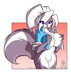  anthro big_breasts blue_eyes bottomless breasts chloe_sinclaire clothed clothing conditional_dnp female fluffy fluffy_tail fur grey_fur hair huge_breasts jollyjack lips long_hair mammal nipples skunk smile solo standing white_fur white_hair wide_hips 