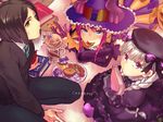  1boy 2girls black_gloves black_hair blue_eyes book dragon_horns dress elizabeth_bathory_(fate) elizabeth_bathory_(fate)_(all) elizabeth_bathory_(halloween)_(fate) fate/extra fate/grand_order fate/zero fate_(series) food food_in_mouth gloves hat horns looking_at_viewer lying multiple_girls necktie nursery_rhyme_(fate/extra) on_stomach pudding purple_eyes silver_hair smile sweatdrop waver_velvet witch_hat 