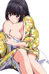  bare_legs bare_shoulders black_eyes black_hair blush body_blush breasts cleavage closed_mouth collarbone eyebrows eyebrows_visible_through_hair floral_print head_tilt highres japanese_clothes kimono knees_up large_breasts long_sleeves looking_at_viewer matsunaga_kouyou open_clothes open_kimono original short_hair simple_background sitting smile solo tareme wide_sleeves 