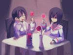  1boy 1girl glasses heart karakuridoji_ultimo matsumoto_kiyose_(ultimo) pardonner table wine 