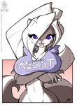  anthro big_breasts blue_eyes bottomless breasts chloe_sinclaire clothed clothing conditional_dnp english_text female fur grey_fur hair huge_breasts jollyjack lips long_hair looking_at_viewer mammal nipple_bulge skunk smile solo text white_fur white_hair wide_hips 