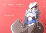  anthro big_breasts blue_eyes breasts chloe_sinclaire clothed clothing conditional_dnp english_text female fluffy fluffy_tail fur grey_fur hair huge_breasts jollyjack lips long_hair mammal navel skunk smile solo text white_fur white_hair wide_hips 