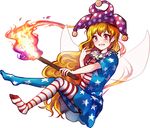  american_flag_dress american_flag_legwear blonde_hair clownpiece fairy_wings hat jester_cap long_hair neck_ruff open_mouth pantyhose pink_eyes short_sleeves smile solo striped striped_legwear torch touhou uranaishi_(miraura) very_long_hair wings 