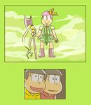  :&gt; alternate_hair_color axe bad_id bad_pixiv_id blank_stare brothers brown_eyes brown_hair comic constricted_pupils green_eyes heart heart_in_mouth hood hoodie magical_boy male_focus matahei matsuno_choromatsu matsuno_juushimatsu matsuno_osomatsu multiple_boys necktie osomatsu-kun osomatsu-san pink_hair ribbon siblings traffic_cone translation_request weapon 