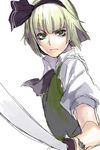  ascot black_hairband commentary_request green_eyes green_hair hairband irohara_mitabi katana konpaku_youmu looking_at_viewer puffy_short_sleeves puffy_sleeves serious short_hair short_sleeves solo sword touhou tsurime upper_body vest weapon 