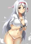  ass_visible_through_thighs breast_hold breasts brown_hair burnt_clothes collarbone embarrassed fingerless_gloves gloves hairband kantai_collection long_hair looking_at_viewer panties saintshiro shoukaku_(kantai_collection) side-tie_panties solo torn_clothes underwear wavy_mouth white_background white_panties yellow_eyes 