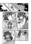  &gt;_&lt; architecture arms_up ascot bangs bow box chibi close-up closed_eyes colonel_aki comic crossed_legs detached_sleeves donation_box east_asian_architecture greyscale hair_bow hair_tubes hakurei_reimu looking_at_viewer lying monochrome nontraditional_miko on_side open_mouth opening_eyes sleeping stretch touhou translation_request yawning 