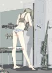  1girl absurdres ass barefoot blonde_hair camouflage chinese_commentary commentary_request etmc1992 facing_away full_body gun h&amp;k_mp7 highres load_bearing_vest locker original panties rifle sniper_rifle solo striped striped_panties submachine_gun twintails underwear underwear_only weapon 