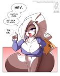  anthro bent_over big_breasts blue_eyes breasts chloe_sinclaire cleavage clothed clothing conditional_dnp english_text female fluffy fluffy_tail fur grey_fur hair huge_breasts jollyjack lips long_hair looking_at_viewer mammal skunk smile solo text white_fur white_hair 