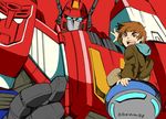  :d arm_support autobot bangs blue_eyes brown_eyes brown_hair emblem eyebrows glowing glowing_eyes hood hood_down insignia jacket kamizono_(spookyhouse) long_sleeves looking_at_viewer looking_back mecha minakaze_jan multiple_boys oldschool open_mouth pants red_background robot science_fiction short_hair simple_background sitting size_difference smile star_saber_(transformers) transformers transformers_victory twitter_username v-shaped_eyebrows 