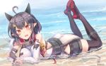  1girl abukuma_(azur_lane) ahoge azur_lane bangs bare_shoulders bell black_hair black_legwear blush breasts bridal_gauntlets commentary_request day eyebrows_visible_through_hair facial_mark fang fingerless_gloves gloves grey_shorts hair_ornament hairclip horns jingle_bell large_breasts long_hair looking_at_viewer lying on_stomach oni_horns open_mouth outdoors pointy_ears red_eyes red_ribbon remodel_(azur_lane) ribbon short_shorts shorts sideboob sky smile solo tabi thighhighs twitter_username water yu_ni_t 