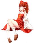  absurdres ascot bobby_socks bow brown_footwear brown_hair detached_sleeves dress eossim expressionless full_body hair_bow hair_tubes hakurei_reimu highres kneehighs red_bow red_dress red_eyes shoes short_hair sitting sleeves_past_wrists socks solo touhou white_background white_legwear 