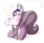  anthro big_breasts blue_eyes breasts butt chloe_sinclaire clothed clothing conditional_dnp female fluffy fluffy_tail fur grey_fur hair huge_breasts jollyjack lingerie lips long_hair looking_at_viewer mammal skunk smile solo white_fur white_hair 