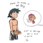  /\/\/\ 1boy 1girl black_hair blonde_hair blood blush bow bowtie comic dark_gargo detached_collar english food full-face_blush hat hot_dog nosebleed pokemon pokemon_xy satoshi_(pokemon) serena_(pokemon) sexually_suggestive shaded_face shirtless short_hair text thumbs_up topless wrist_cuffs 