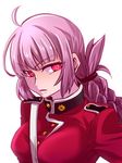  braid breasts fate/grand_order fate_(series) florence_nightingale_(fate/grand_order) folded_ponytail large_breasts long_hair mijinko_(83nabe) military military_uniform parted_lips pink_eyes pink_hair simple_background solo uniform white_background 