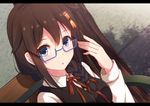  ahoge alternate_costume bespectacled blue_eyes braid brown_hair cuon_(kuon) glasses hair_flaps hair_ornament hair_over_shoulder kantai_collection letterboxed long_hair remodel_(kantai_collection) school_uniform shigure_(kantai_collection) single_braid solo 