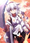 animal_ears bare_shoulders blush detached_sleeves hair_between_eyes hat inubashiri_momiji leaf maple_leaf marusan pom_pom_(clothes) red_eyes shield short_hair silver_hair smile solo sword tail tokin_hat touhou weapon wide_sleeves wolf_ears wolf_tail 