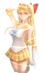  aino_minako arm_up bad_id bad_pixiv_id bishoujo_senshi_sailor_moon blonde_hair blue_eyes breasts choker circlet cleavage elbow_gloves gloves hair_ribbon hand_behind_head highres large_breasts long_hair miniskirt mmelica orange_choker orange_sailor_collar pleated_skirt ribbon sailor_collar sailor_senshi_uniform sailor_venus skirt smile solo white_gloves yellow_skirt 