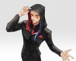  blue_hair cu_chulainn_alter_(fate/grand_order) earrings facial_mark fate/grand_order fate_(series) formal grey_background hood jewelry lancer long_hair looking_at_viewer male_focus necktie red_eyes red_neckwear suit tattoo yepnean 
