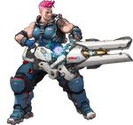  absurdres alpha_transparency arnold_tsang breasts fingerless_gloves full_body gloves highres huge_filesize large_breasts muscle muscular_female official_art overwatch pink_hair russian scar short_hair solo standing tattoo transparent_background undercut weapon zarya_(overwatch) 