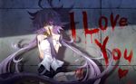  against_wall blood blood_writing bloody_knife bloody_weapon claws commentary_request dragon_girl elbow_gloves english g_(desukingu) gloves hair_over_one_eye hatchet highres knife lala_(g_desukingu) long_hair low_twintails monster_girl oriental_hatchet original pointy_hair purple_eyes purple_gloves purple_hair shirt shorts sleeveless sleeveless_shirt smile solo twintails very_long_hair weapon yandere 