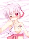  blush breasts cleavage collarbone cyclamen_(flower_knight_girl) flower_knight_girl half_updo looking_at_viewer medium_breasts one_eye_closed pink_hair red_eyes short_hair solo upper_body yuku_(kiollion) 