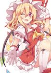  ascot blonde_hair dress flandre_scarlet gloves hat hat_ribbon highres kan_lee looking_at_viewer mob_cap one_eye_closed open_mouth puffy_short_sleeves puffy_sleeves red_dress red_eyes ribbon shirt short_sleeves smile solo touhou white_gloves wings 