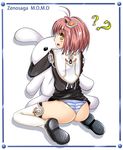  ?? ahoge ass blush boots dress dress_lift from_behind hair_ornament looking_back m.o.m.o. open_mouth panties pink_hair shiny shiny_clothes shiny_hair shiny_skin short_hair solo striped striped_panties stuffed_animal stuffed_toy thigh_boots underwear wariza xenosaga 
