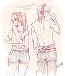  1girl alternate_hairstyle ass back breasts brushing_teeth company_connection denim denim_shorts headphones jeans large_breasts long_hair looking_at_viewer naitou-kun nitro+_chiral nitroplus pants pink_eyes pink_hair ponytail red_eyes shorts silver_hair smile super_sonico toothbrush translation_request yamada_uiro 
