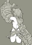  ? animal_ears arm_up ass claws erune flat_ass granblue_fantasy greyscale hood miniskirt monochrome no_panties robo8 sen_(granblue_fantasy) simple_background skirt solo 